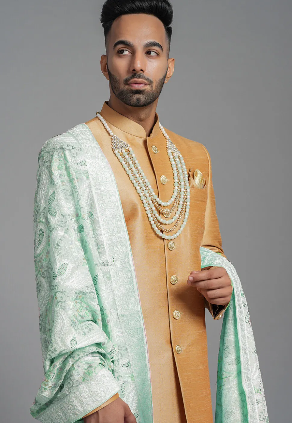 Aari Embroidered Chiffon Dupatta in Sea Green