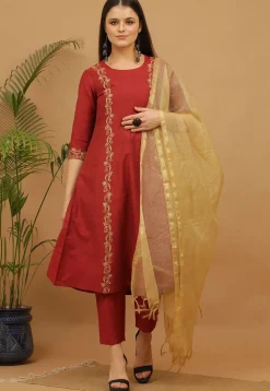 Aari Work Cotton Anarkali Suit in Maroon
