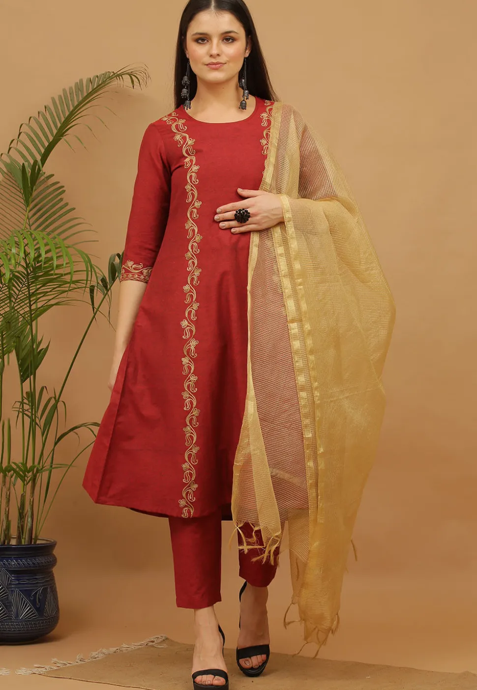 Aari Work Cotton Anarkali Suit in Maroon