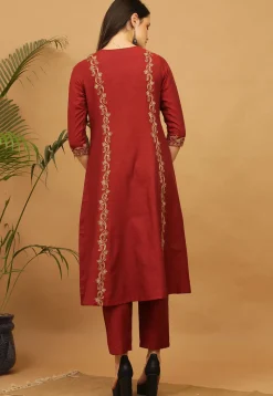 Aari Work Cotton Anarkali Suit in Maroon