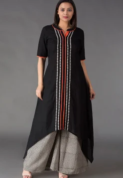 Abstract Printed Placket Cotton Asymmetric Kurta in Black