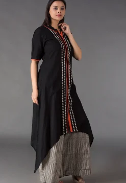 Abstract Printed Placket Cotton Asymmetric Kurta in Black