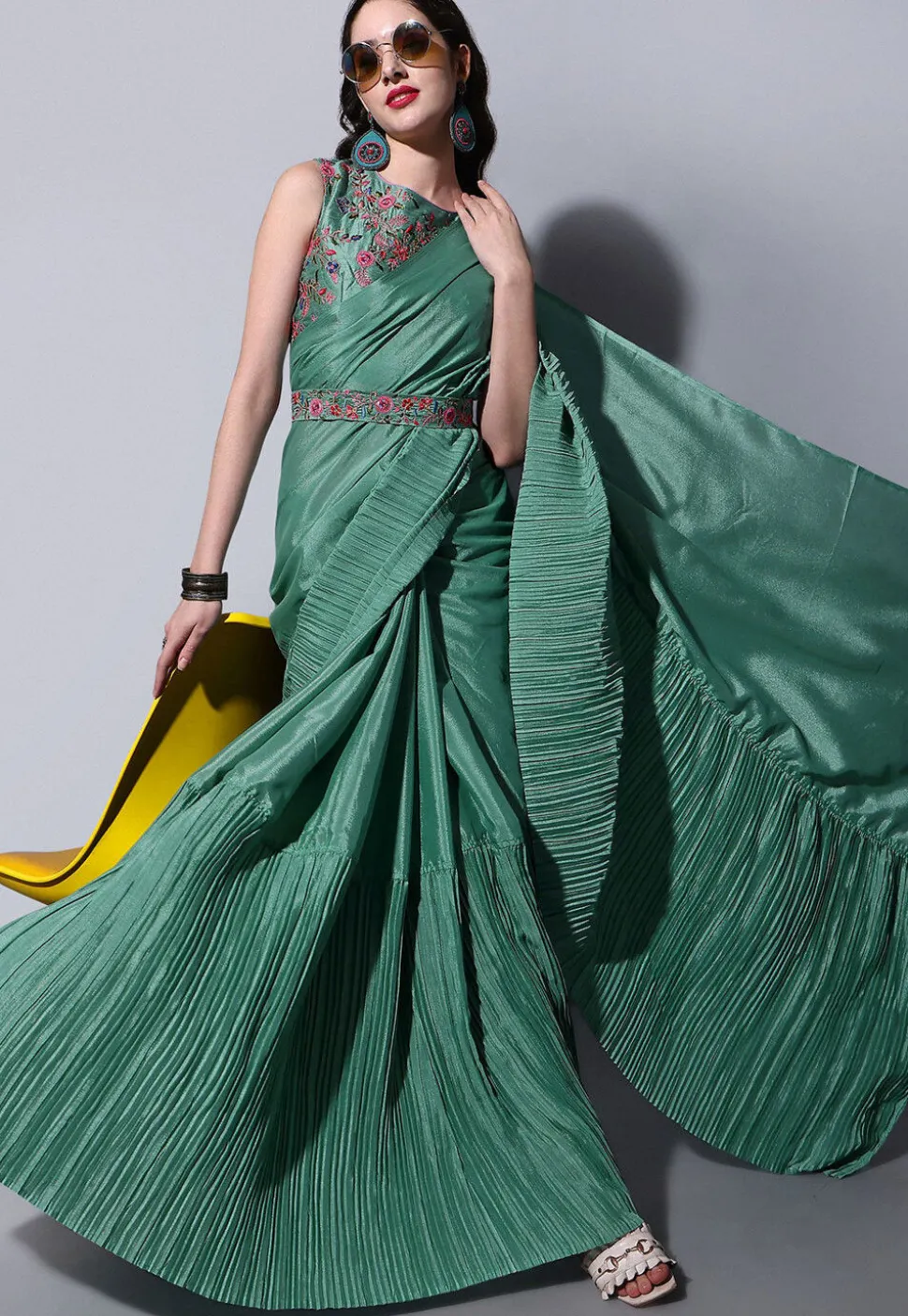 Accordion Pleated Chinon Chiffon Saree in Sea Green