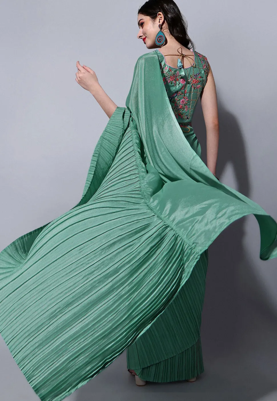 Accordion Pleated Chinon Chiffon Saree in Sea Green