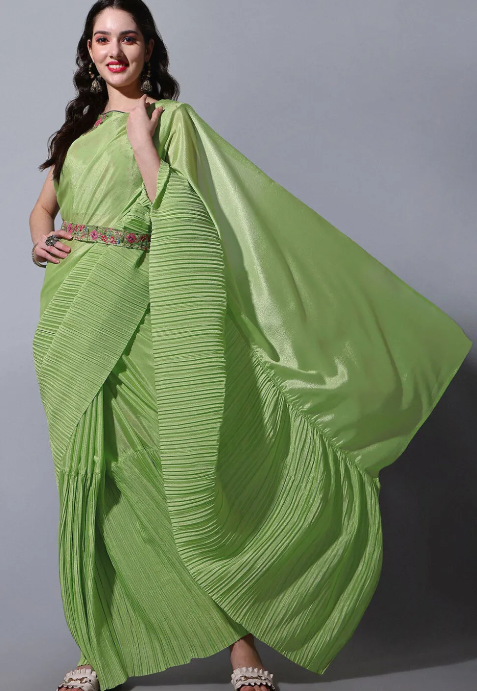 Accordion Pleated Chinon Chiffon Saree in Green