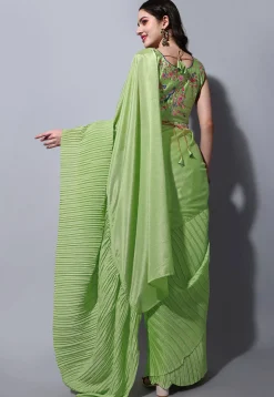 Accordion Pleated Chinon Chiffon Saree in Green