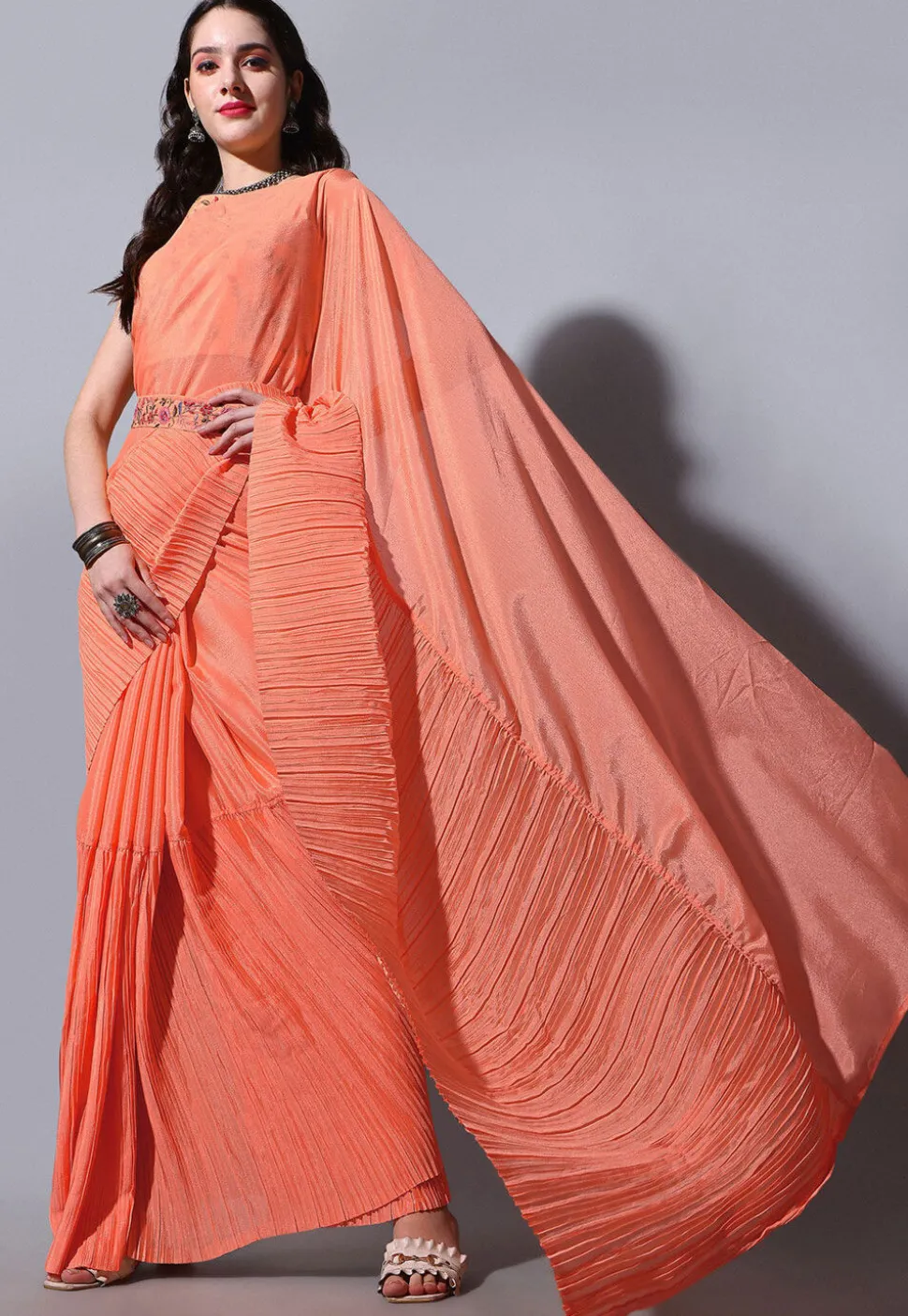 Accordion Pleated Chinon Chiffon Saree in Orange