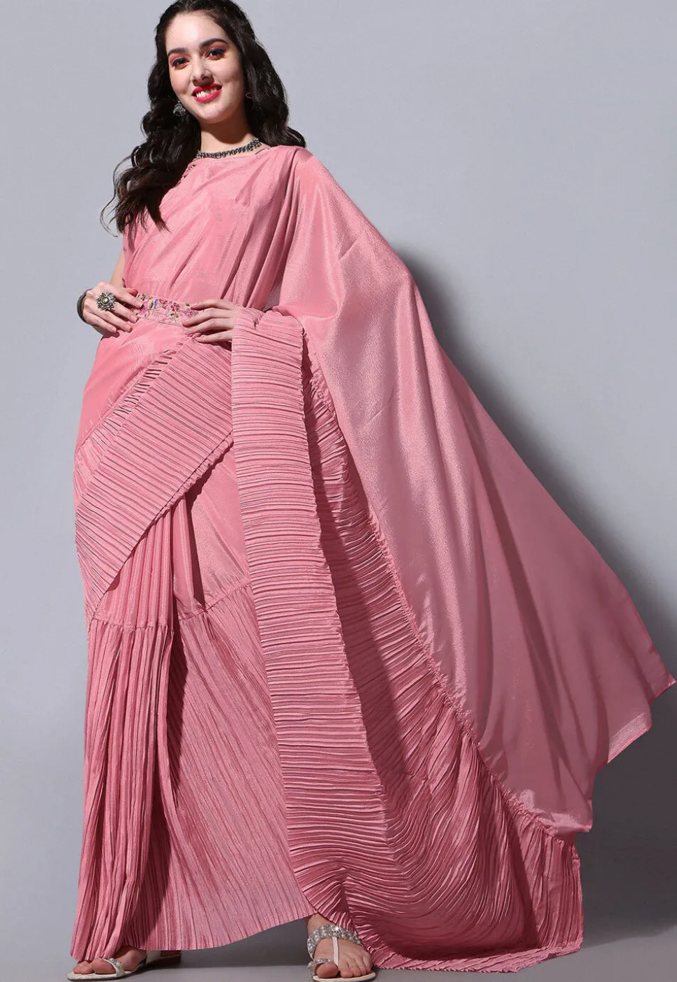 Accordion Pleated Chinon Chiffon Saree in Pink