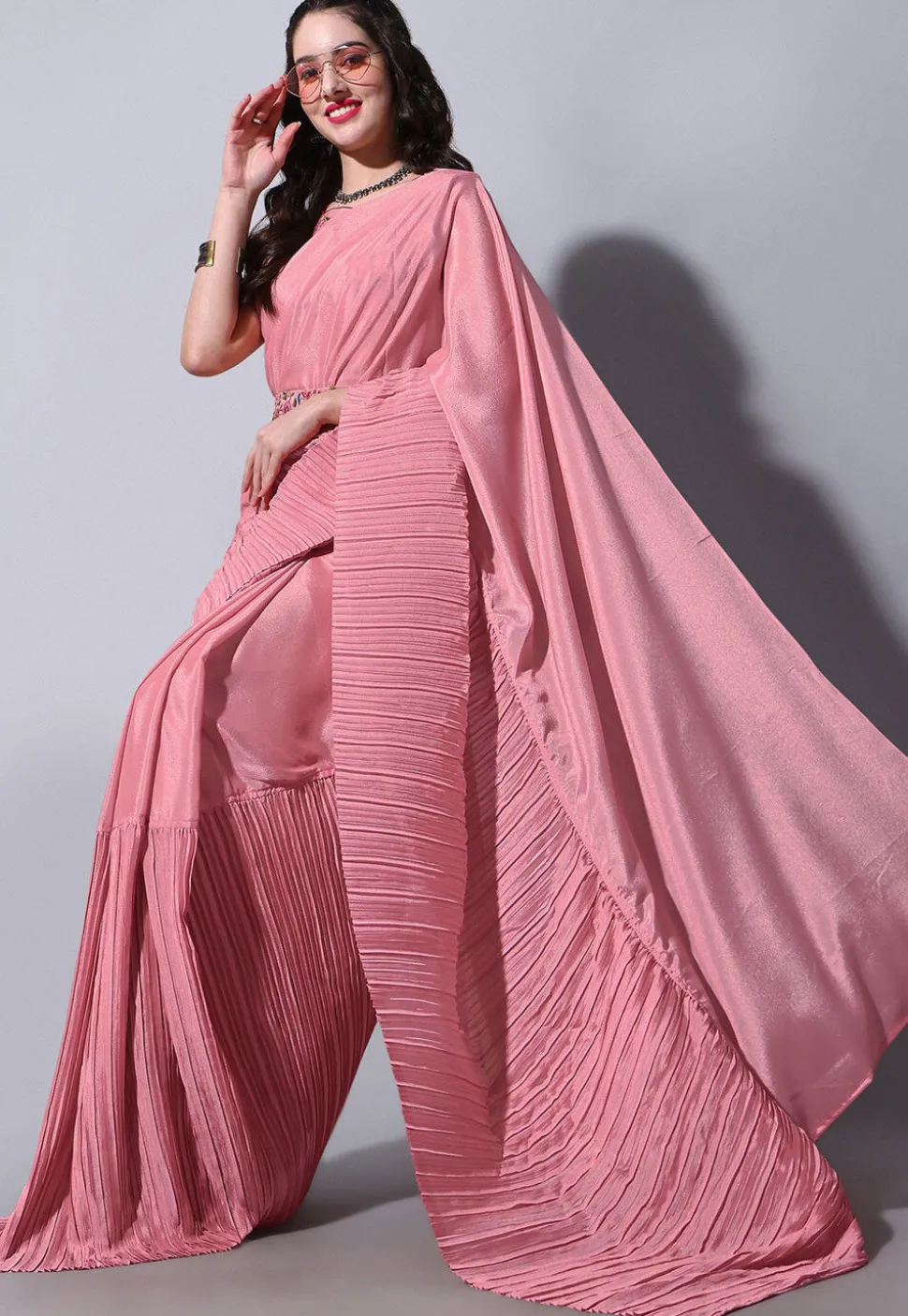 Accordion Pleated Chinon Chiffon Saree in Pink