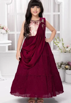 Accordion Pleated Polyester Gown in Maroon