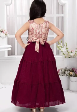 Accordion Pleated Polyester Gown in Maroon