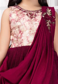 Accordion Pleated Polyester Gown in Maroon