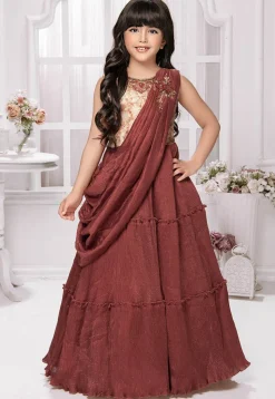 Accordion Pleated Polyester Gown in Rust