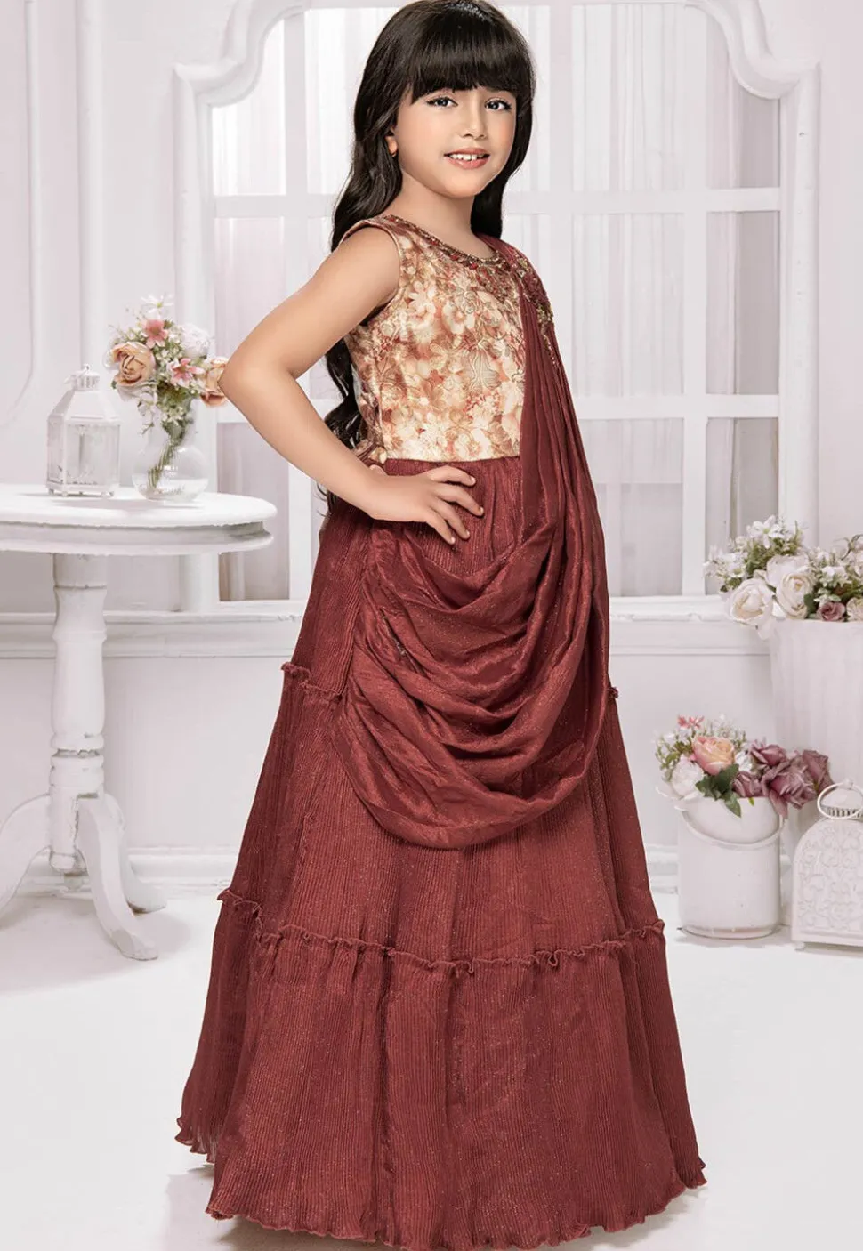 Accordion Pleated Polyester Gown in Rust