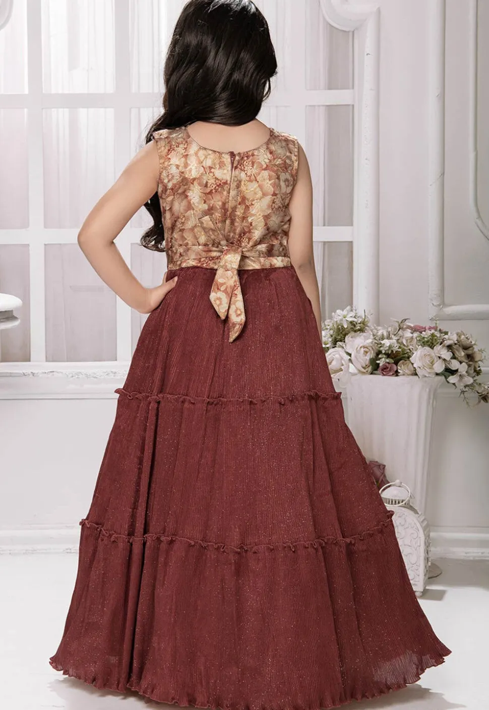 Accordion Pleated Polyester Gown in Rust