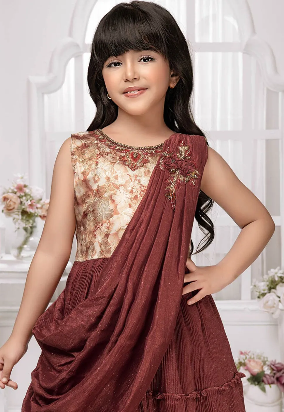 Accordion Pleated Polyester Gown in Rust