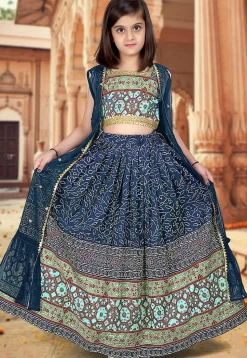 Ajrakh Printed Art Silk Lehenga in Navy Blue