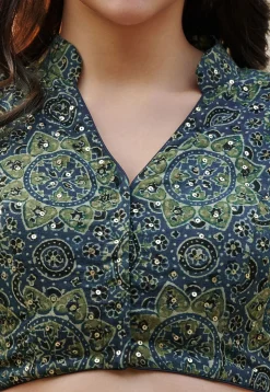 Ajrakh Printed Cotton Blouse in Blue