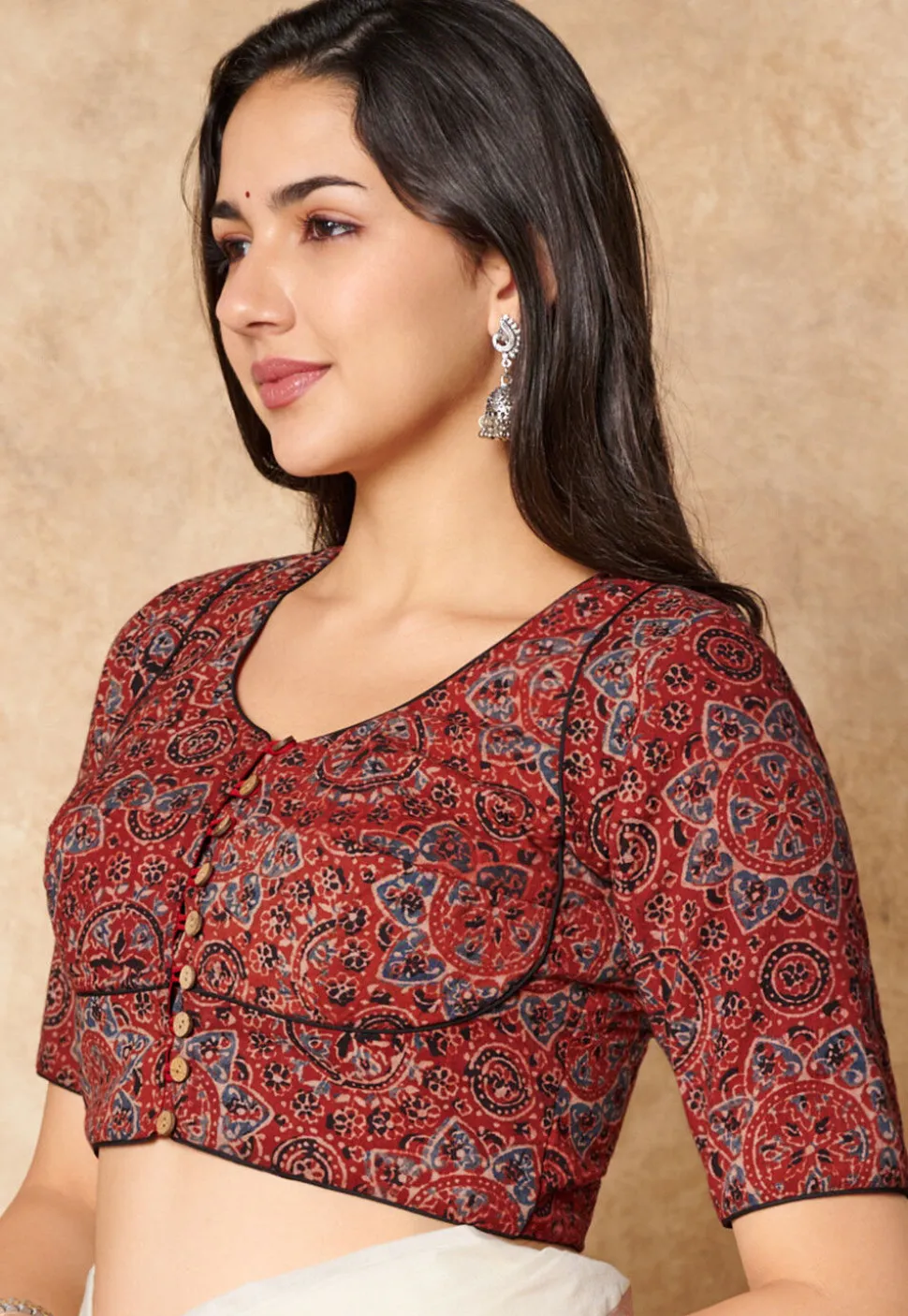 Ajrakh Printed Cotton Blouse in Red