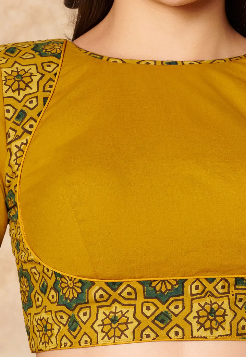Ajrakh Printed Cotton Blouse in Mustard