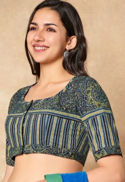 Ajrakh Printed Cotton Blouse in Blue