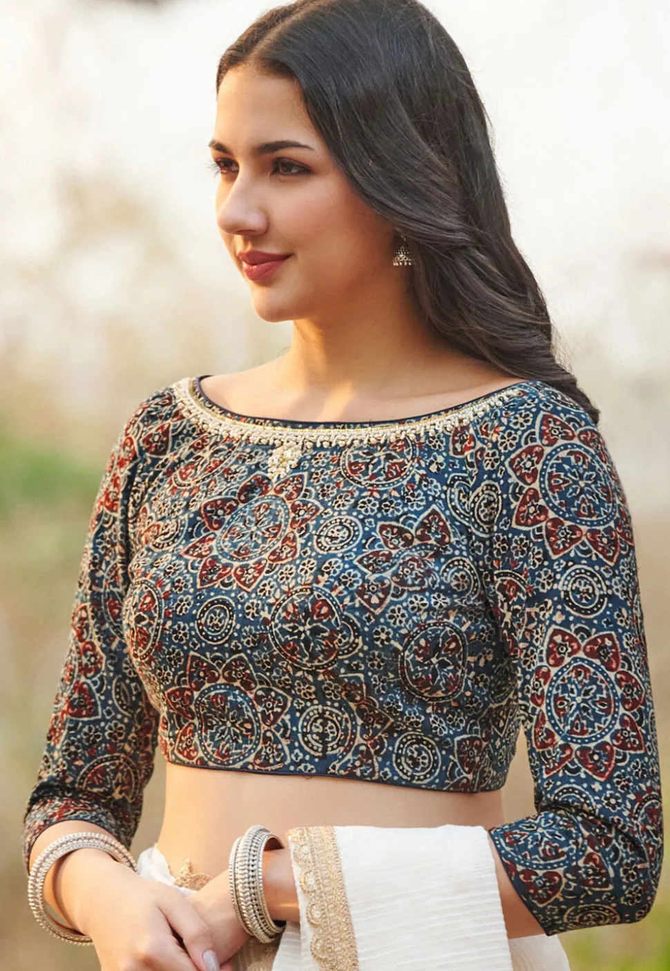 Ajrakh Printed Cotton Blouse in Blue