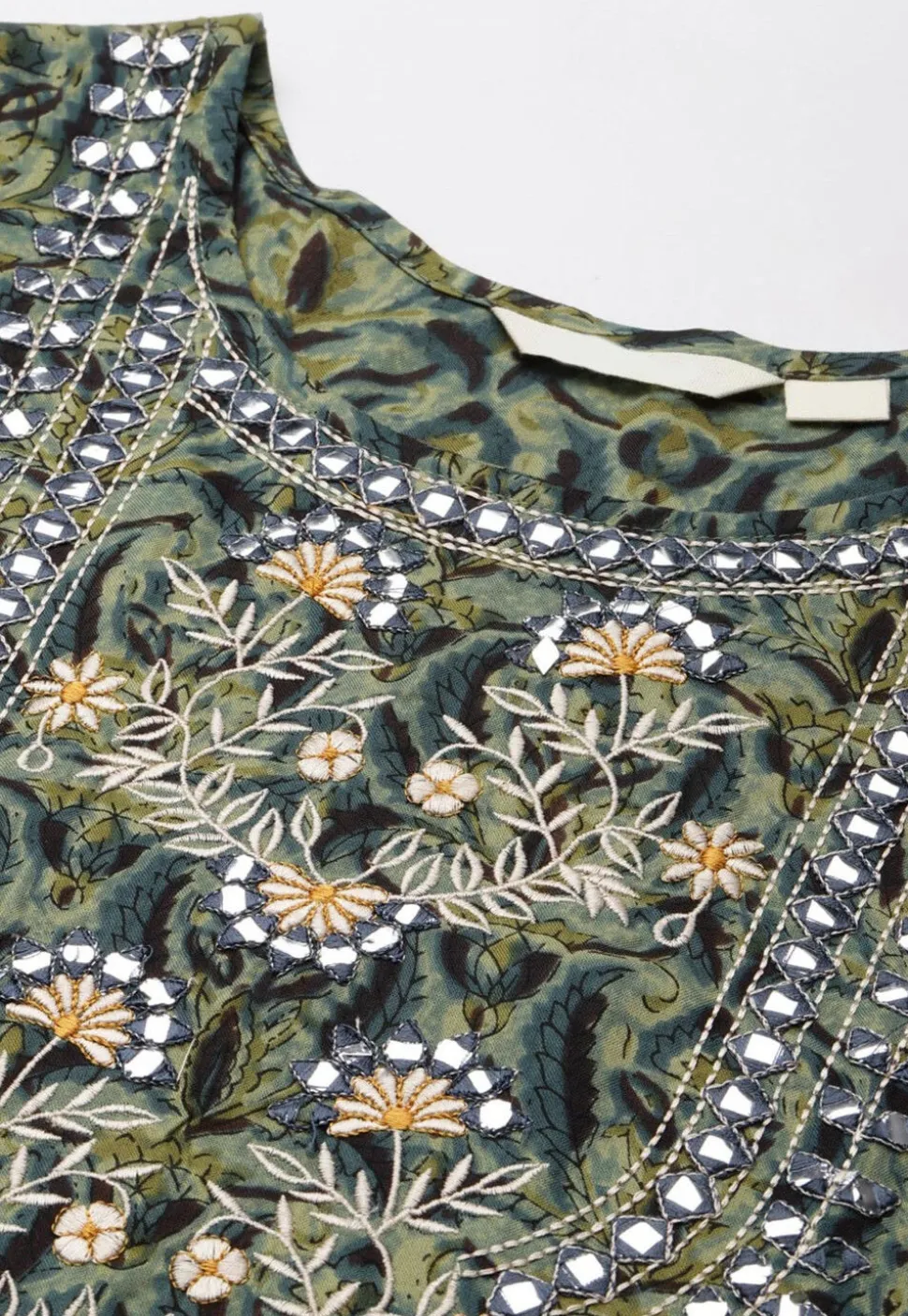 Ajrakh Printed Cotton Ruffled Gown in Dusty Green