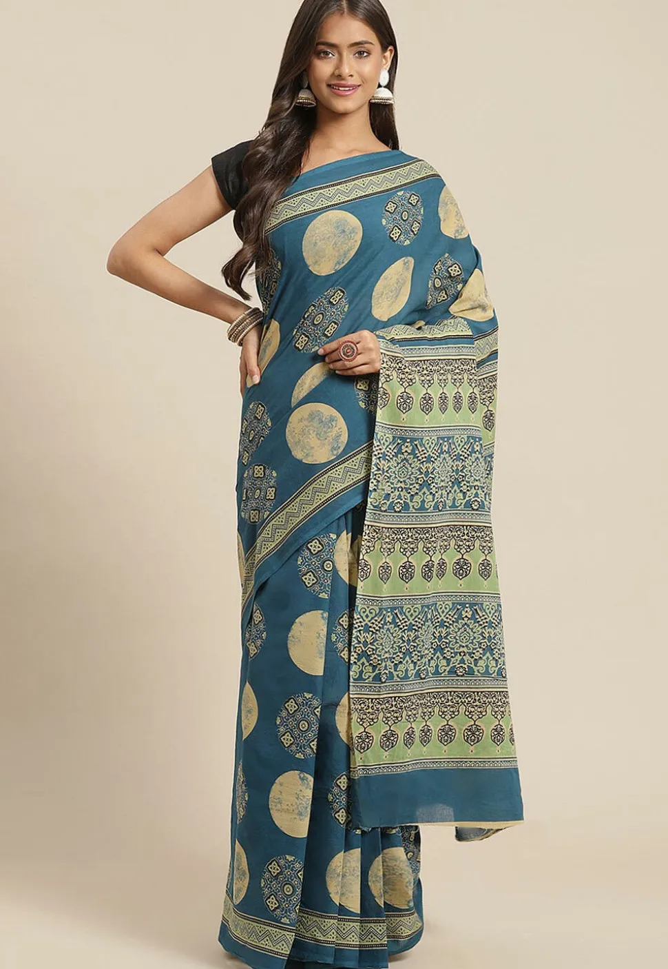 Ajrakh Printed Cotton Saree in Indigo Blue