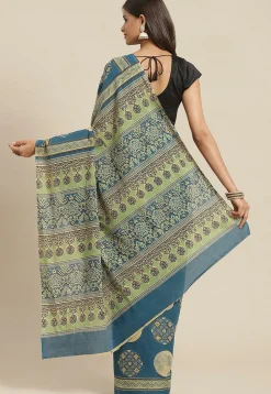 Ajrakh Printed Cotton Saree in Indigo Blue
