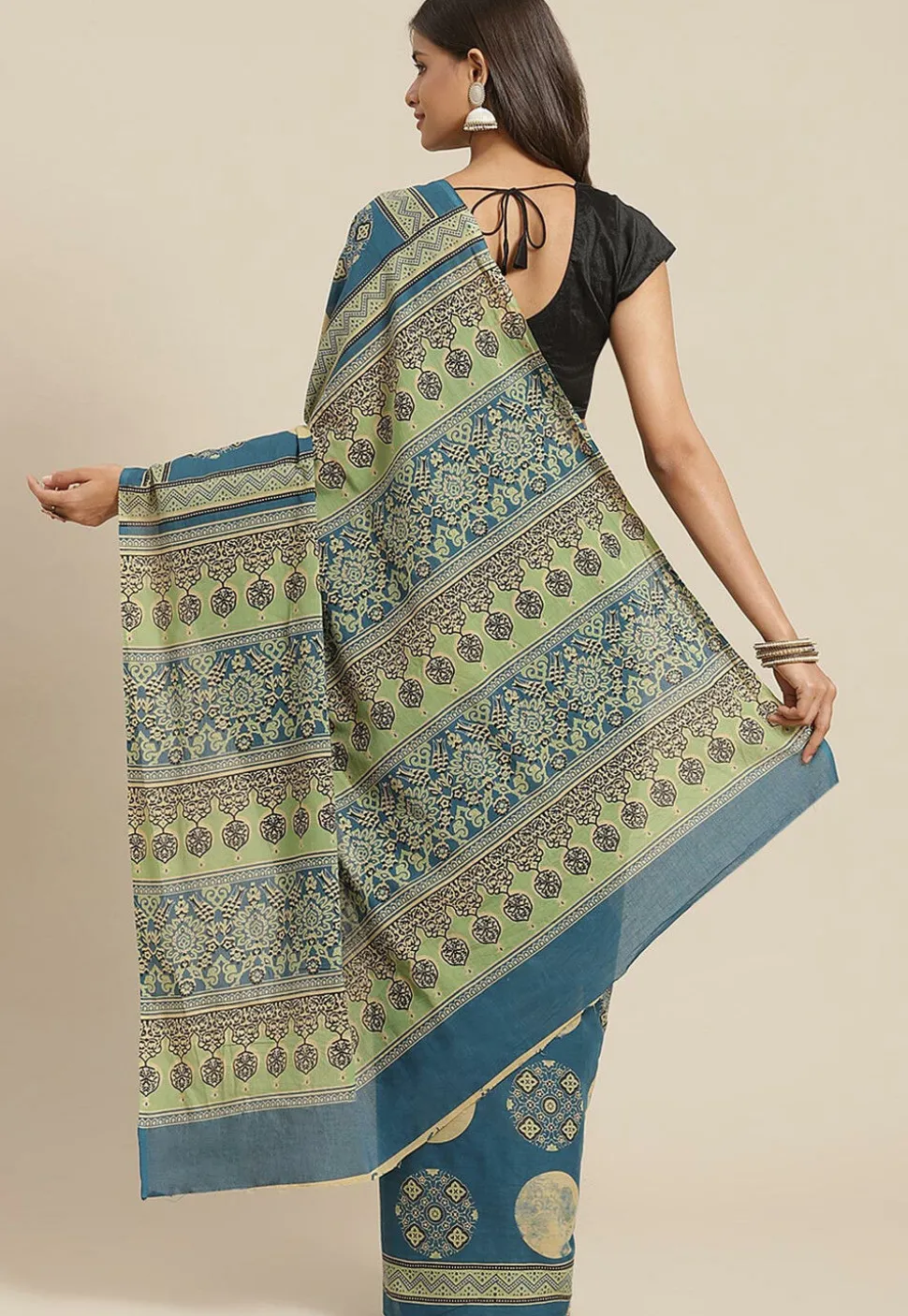 Ajrakh Printed Cotton Saree in Indigo Blue