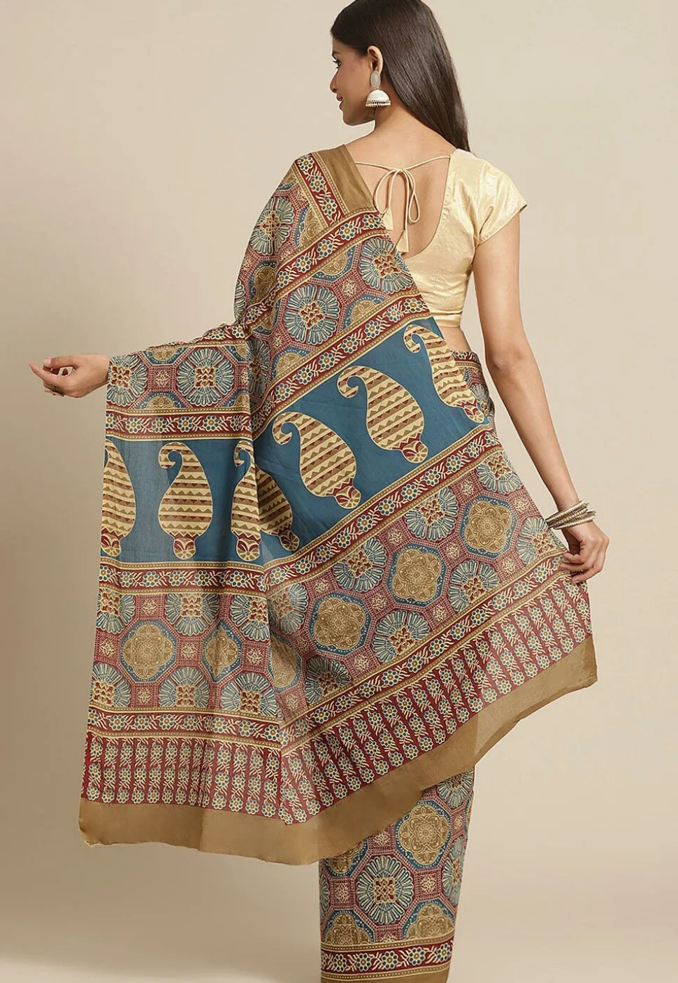 Ajrakh Printed Cotton Saree in Maroon