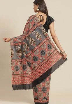 Ajrakh Printed Cotton Saree in Red and Grey