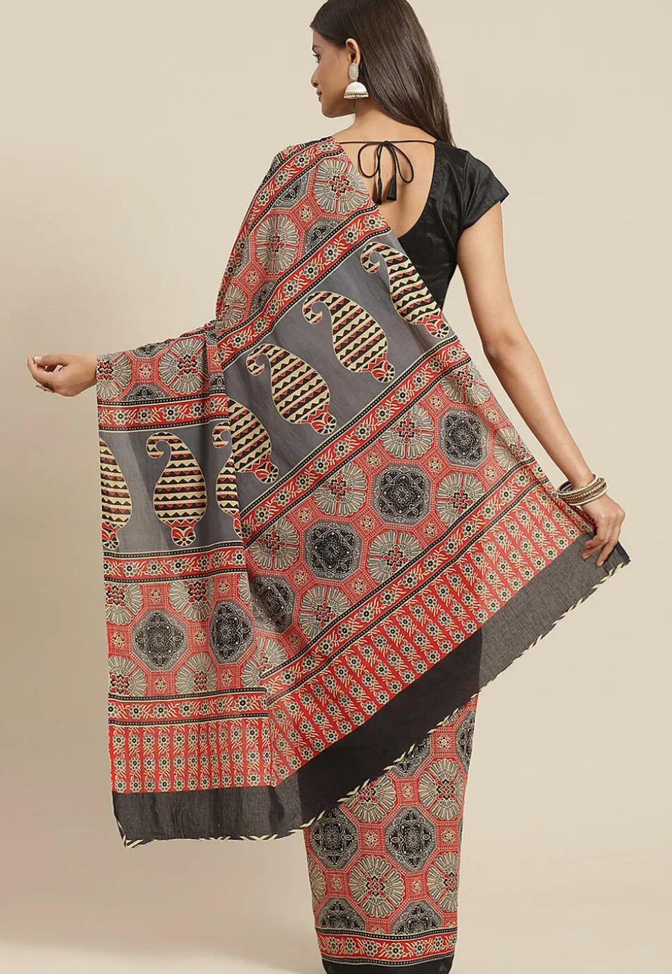 Ajrakh Printed Cotton Saree in Red and Grey