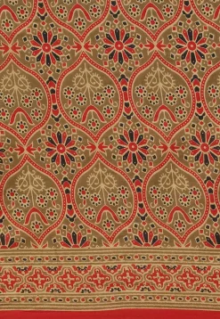 Ajrakh Printed Cotton Saree in Dark Beige and Red