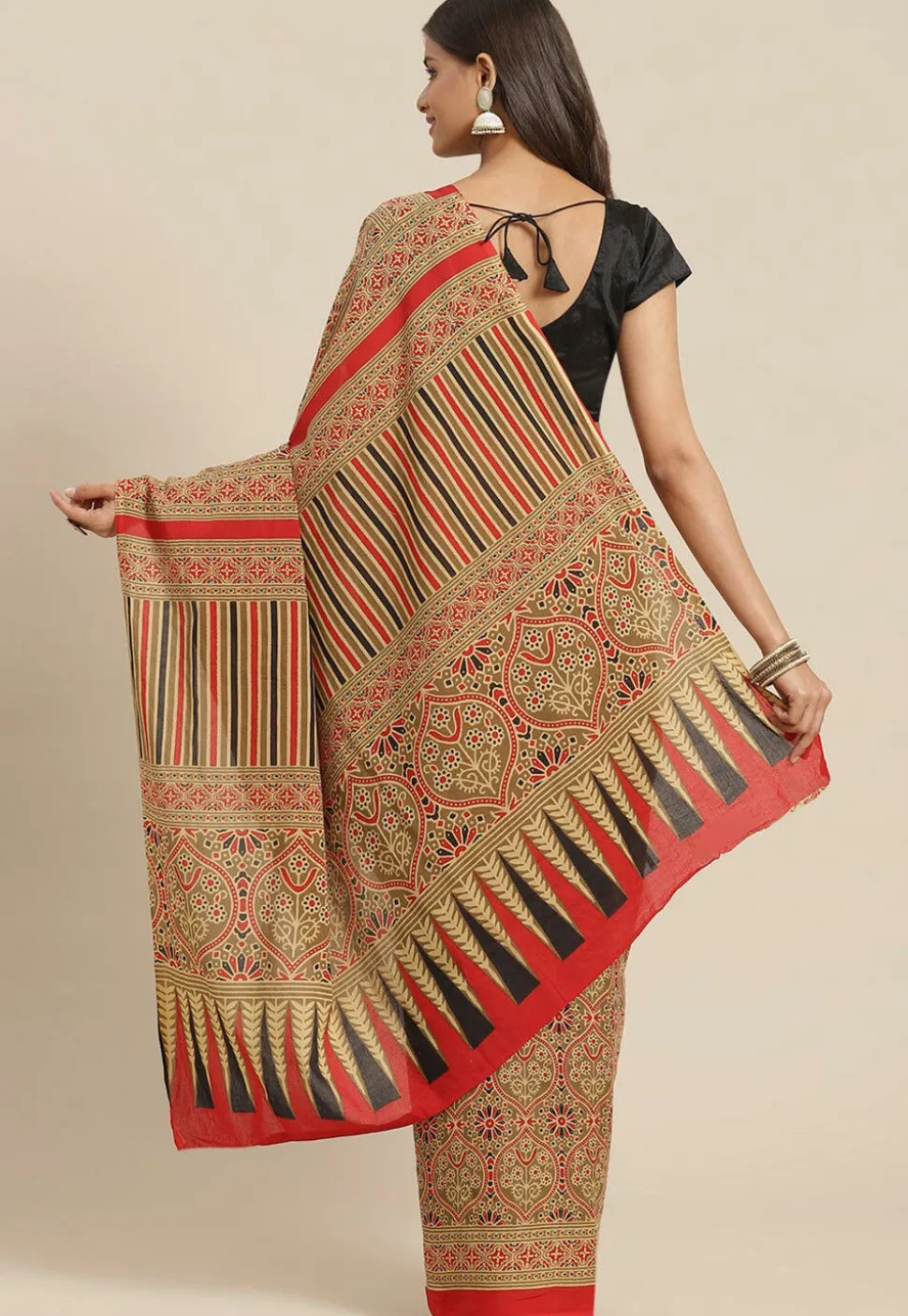Ajrakh Printed Cotton Saree in Dark Beige and Red