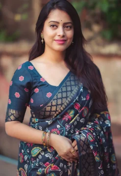 Ajrakh Printed Cotton Silk Saree in Dark Teal Blue