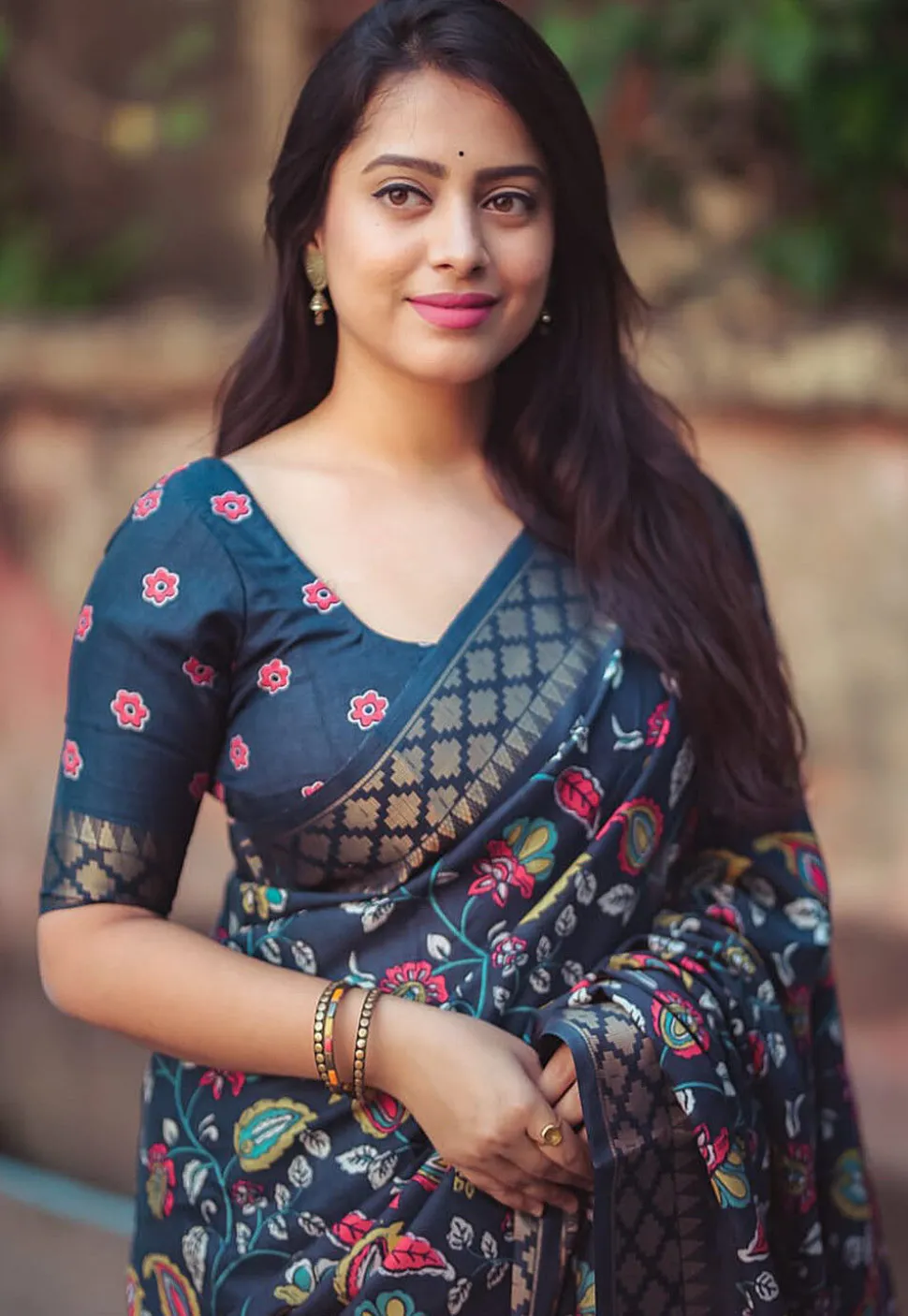 Ajrakh Printed Cotton Silk Saree in Dark Teal Blue