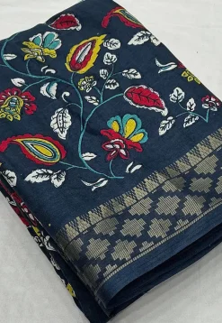 Ajrakh Printed Cotton Silk Saree in Dark Teal Blue