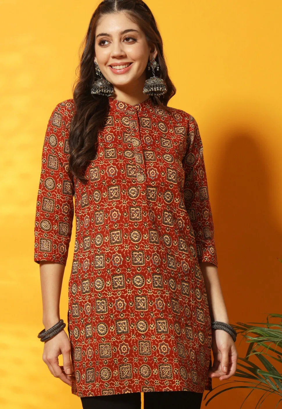 Ajrakh Printed Cotton Straight Kurti in Red