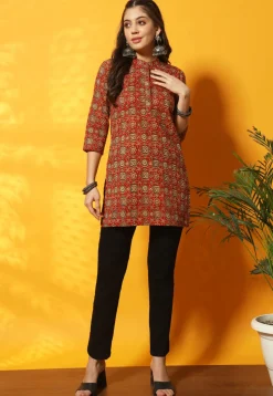 Ajrakh Printed Cotton Straight Kurti in Red