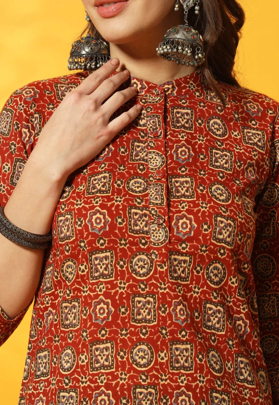 Ajrakh Printed Cotton Straight Kurti in Red