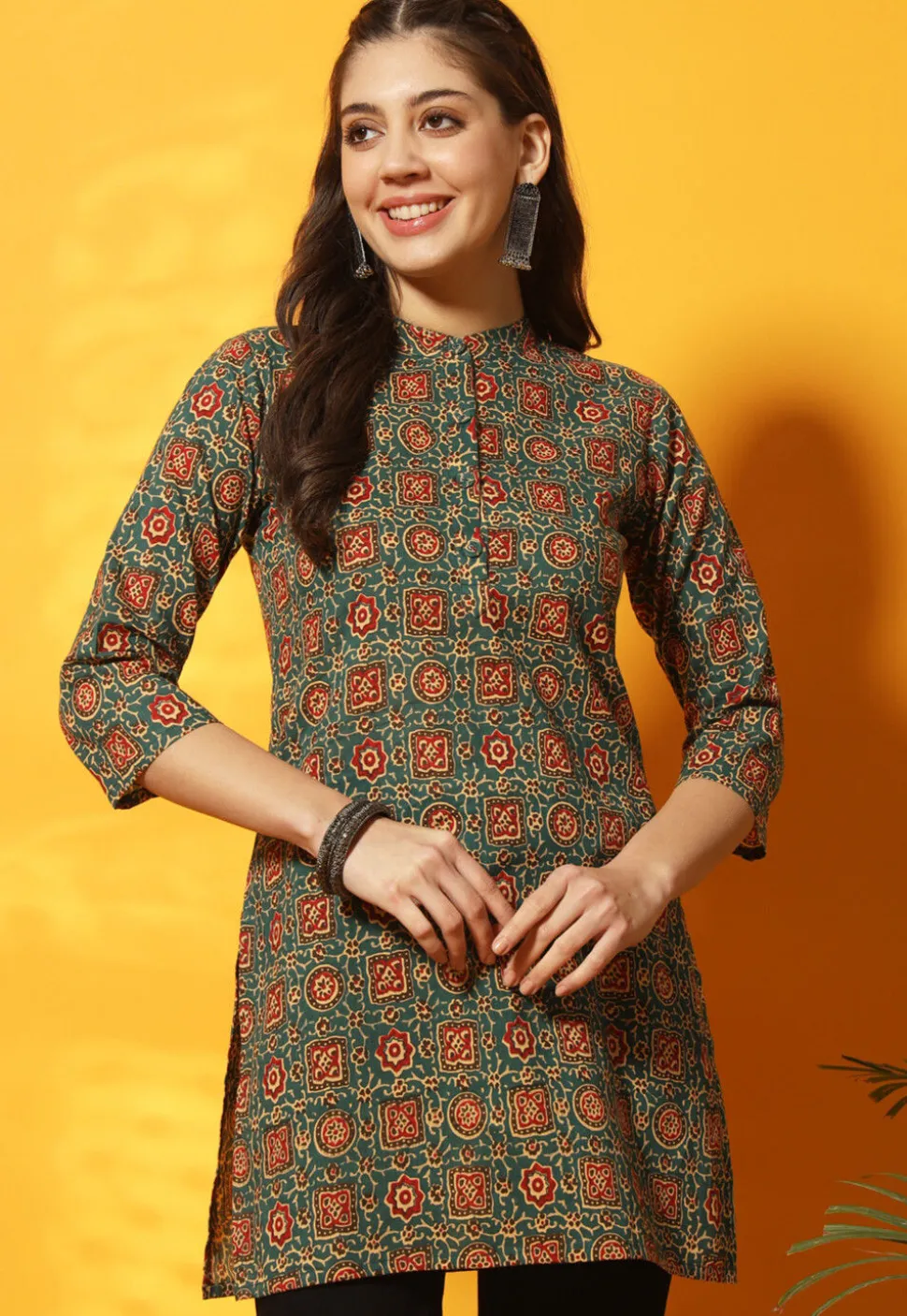 Ajrakh Printed Cotton Straight Kurti in Teal Green