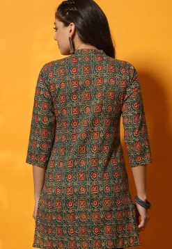 Ajrakh Printed Cotton Straight Kurti in Teal Green