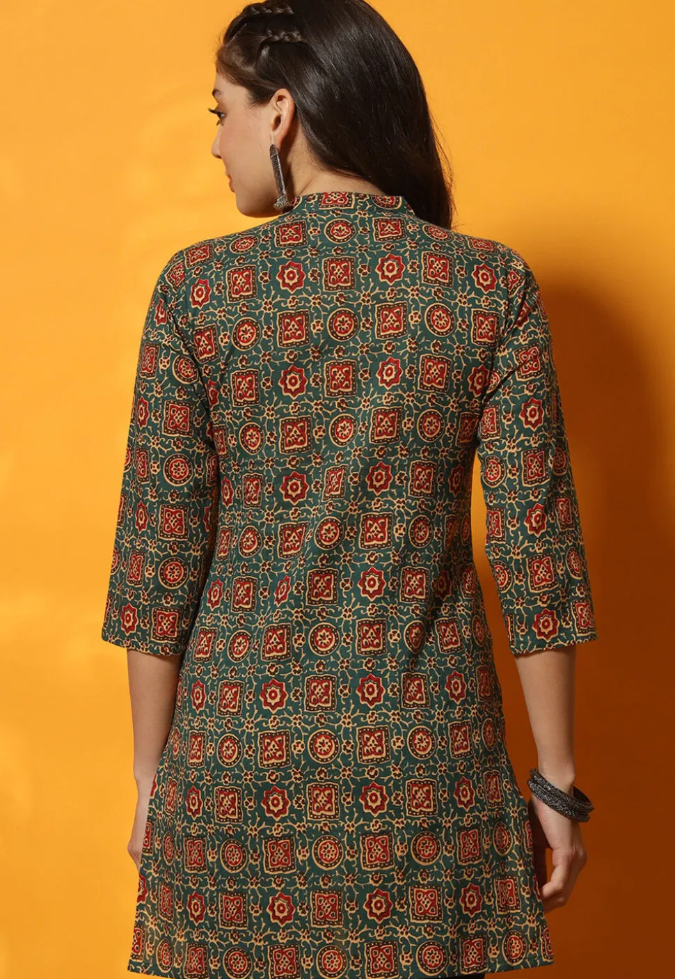 Ajrakh Printed Cotton Straight Kurti in Teal Green