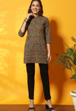Ajrakh Printed Cotton Straight Kurti in Teal Green