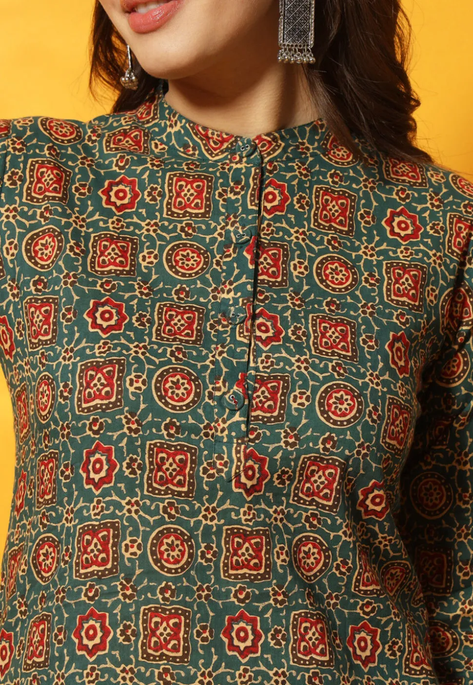 Ajrakh Printed Cotton Straight Kurti in Teal Green