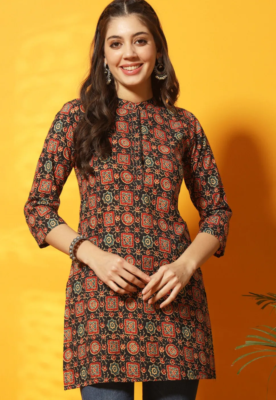 Ajrakh Printed Cotton Straight Kurti in Black