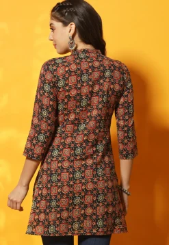 Ajrakh Printed Cotton Straight Kurti in Black