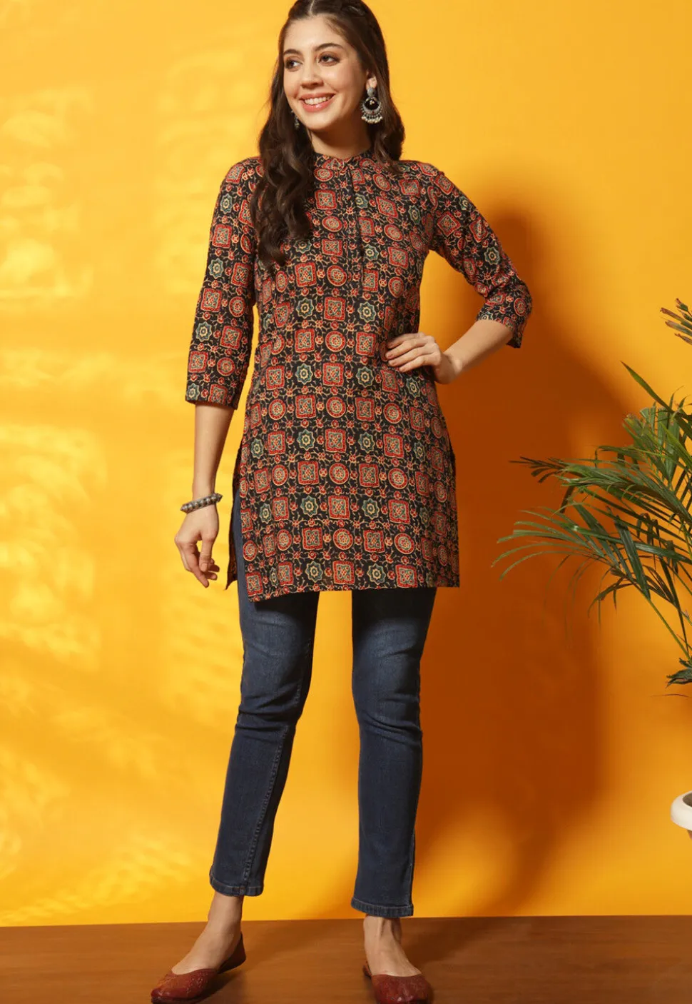 Ajrakh Printed Cotton Straight Kurti in Black