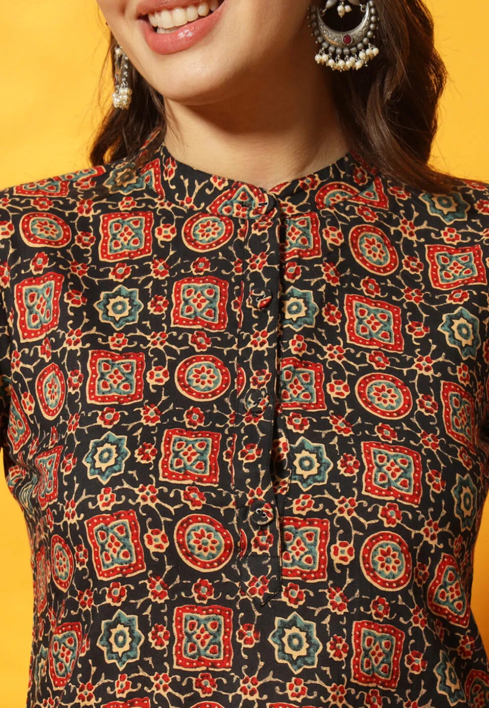 Ajrakh Printed Cotton Straight Kurti in Black